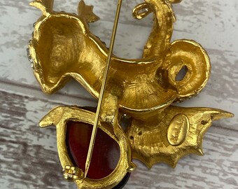 Kenneth Jay Lane Rare Gold Tone Rhinestone Dragon Clutching