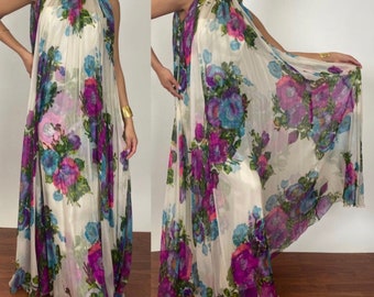 Vintage 1970's Malcolm Starr Floral Print white silk chiffon maxi wedding Dress with large pink and purple watercolor flowers