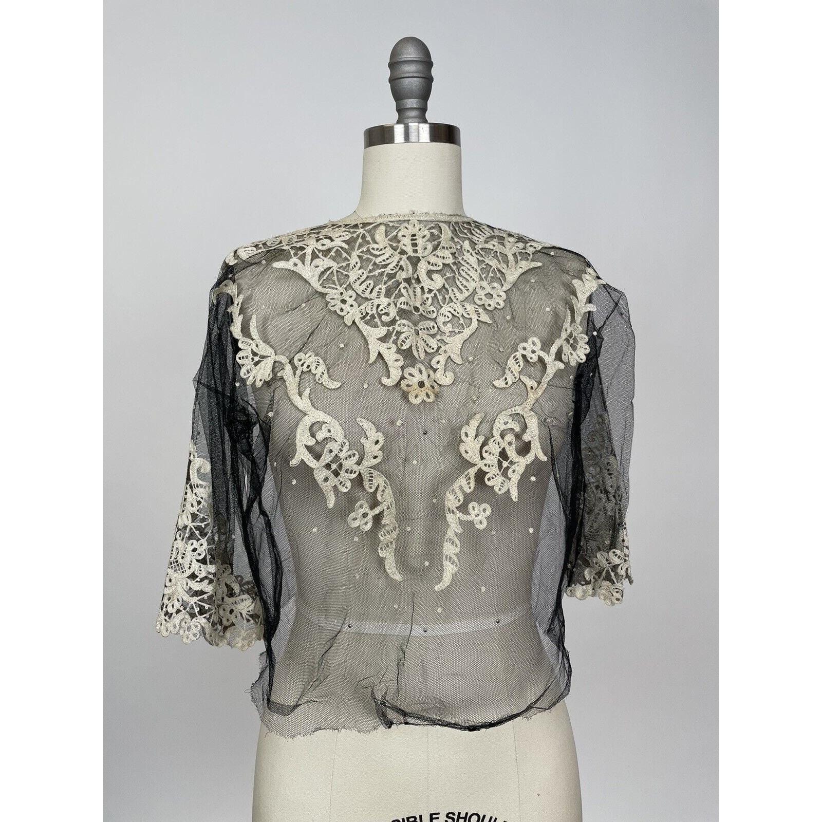 Antique Victorian 1890s Black Net Lace Top With Cream Floral Embroidery AS IS Wounded Bird