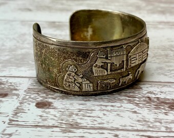 Vintage Sterling Silver Storyteller Cuff Bracelet Navajo Native American Southwest Jewelry Signed KK