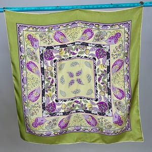 Vintage Large Silk Scarf Paisley Floral Design Green Purple Yellow Pure Soie
