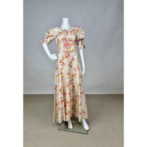 Vintage 1930s Floral Print Silk Dress with Bows Poofy Sleeves Full Length Gown