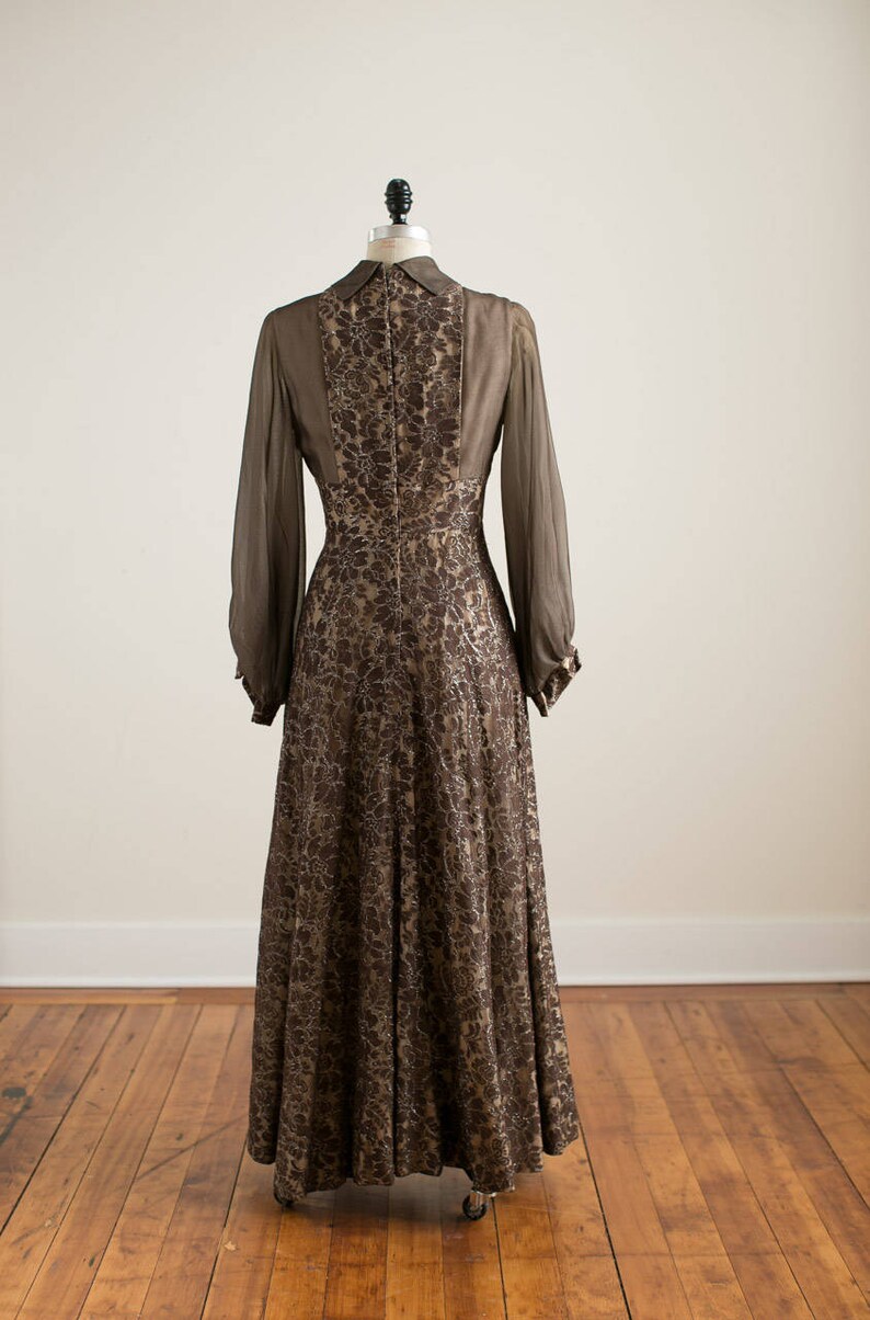 Vintage brown lace gown with woven silver thread high neck Etsy