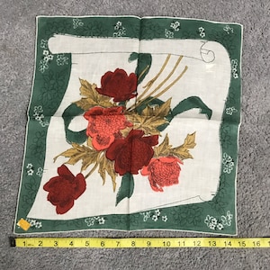 Vintage 1950s Fall Floral Harvest Colors Orange and Green Novelty Print Hankie Hanky Handkerchief Hankies Mothers Day Gift Framed Textile
