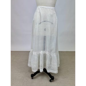 Antique Edwardian 1910s Slip Skirt Petticoat Sheer White Cotton Wide Ruffle Mesh Floral Lace Pleat Hem Lightweight Delicate Gauze Gathered