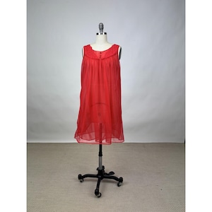 Vintage 1960s Red mini babydoll scoop neck sleeveless slip dress Nylon Sheer Valentine&#39;s Day Lingerie Boudoir