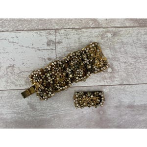 Vintage 1930s Brass Rhinestone Panel Bracelet with Matching Pin Brooch as is