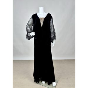 Antique Vintage 1920s 1930s Black Silk Velvet Dress w/ Ruched Lace Sleeves AS IS Wounded Bird