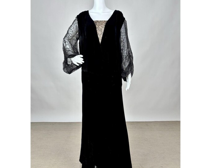 Antique Vintage 1920s 1930s Black Silk Velvet Dress W/ Ruched Lace ...