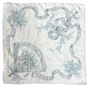Vintage Blue White Floral Handkerchief Fan Rococo Bridal Victorian Style Hankie