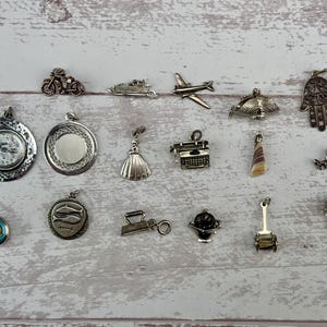 Assorted Vintage Sterling Silver Charms 925 Hobbies Sports Commemorative Games Travel Zodiac Household Objects Motorcycles Hamsa Pisces