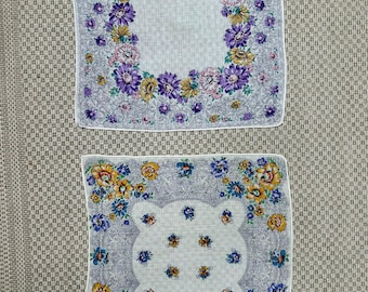 Vintage 1940s Set of Two Floral Novelty hankie Handkerchief Hanky Yellow Blue Purple Pink