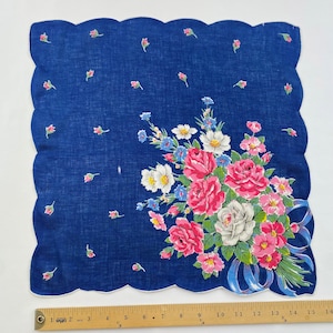 Pink Rose and White Camellia Floral Bouquet Hanky Hankie Handkerchief Flowers Scalloped Edges Navy Background