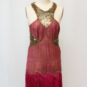 Antique 1920&#39;s Magenta Pink Silk Drop Waist Flapper Dance Costume Gold Lamé and Sequins Fringe Halter Top