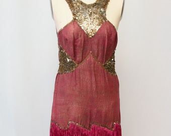 Antique 1920&#39;s Magenta Pink Silk Drop Waist Flapper Dance Costume Gold Lamé and Sequins Fringe Halter Top