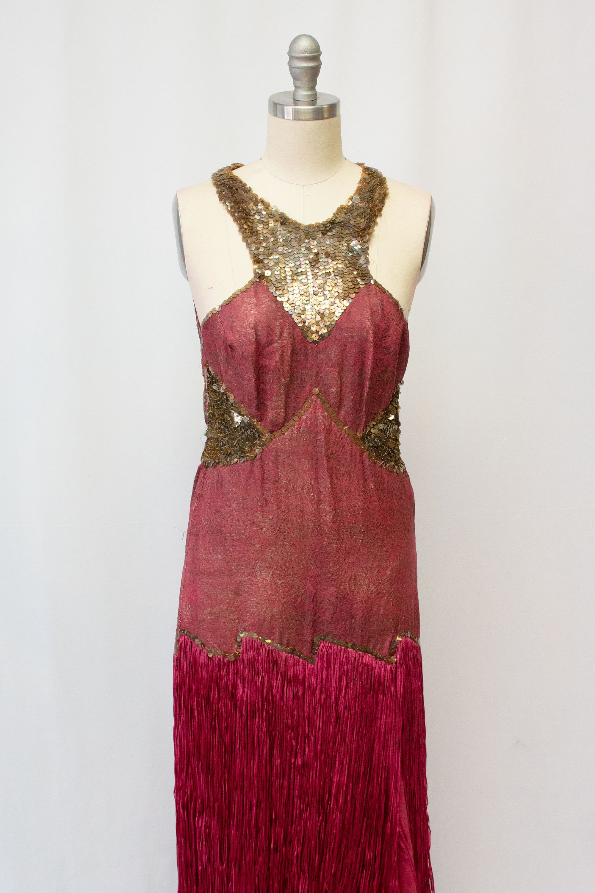 Antique 1920's Magenta Pink Silk Drop Waist Flapper Dance Costume Gold Lamé & Sequins Fringe Halter Top