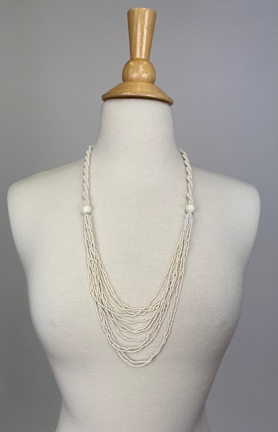 Antique 1920s Hand Micro Beaded cream white Neckl… - image 1