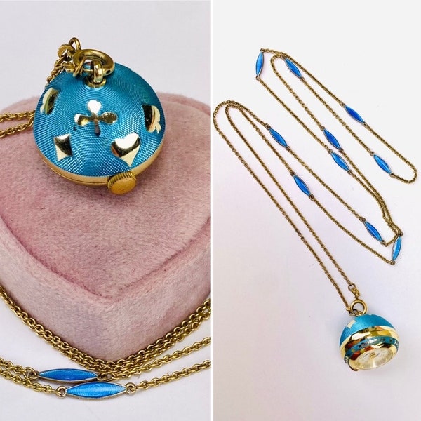 Robin's Egg turquoise blue guilloche enamel Amerikaner Metal chain and ball watch pendant with playing card suits