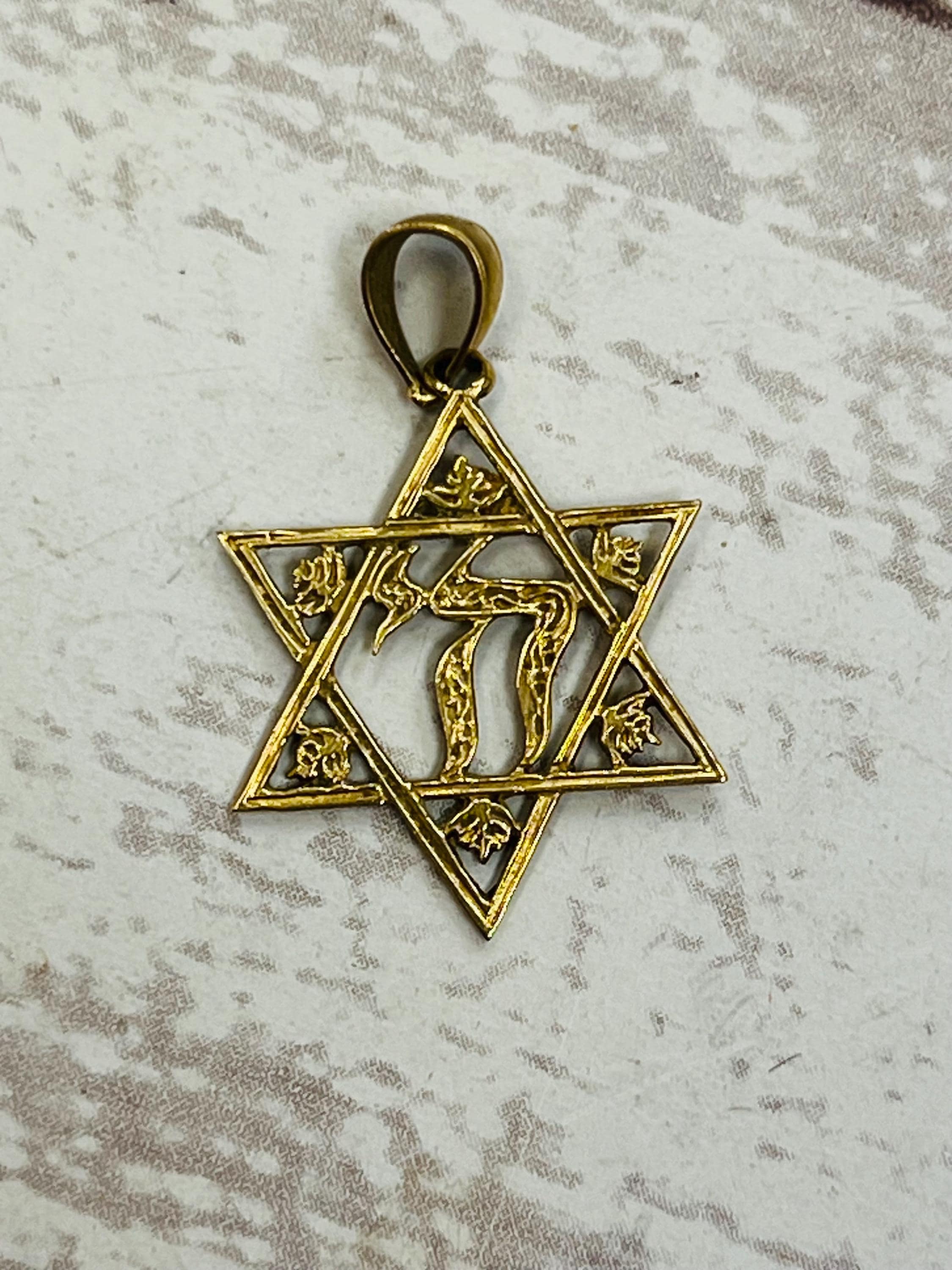 Vintage 14k gouden Davidster Chai-bedel of hanger Joods symbool Judaïca Hebreeuwse armband ketting 585