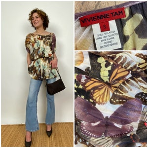 Vintage Designer Vivienne Tam 90er Jahre Multicolor Butterfly Mesh Stricken Kurzes Kleid und/oder Bluse, Nylon & Polyester