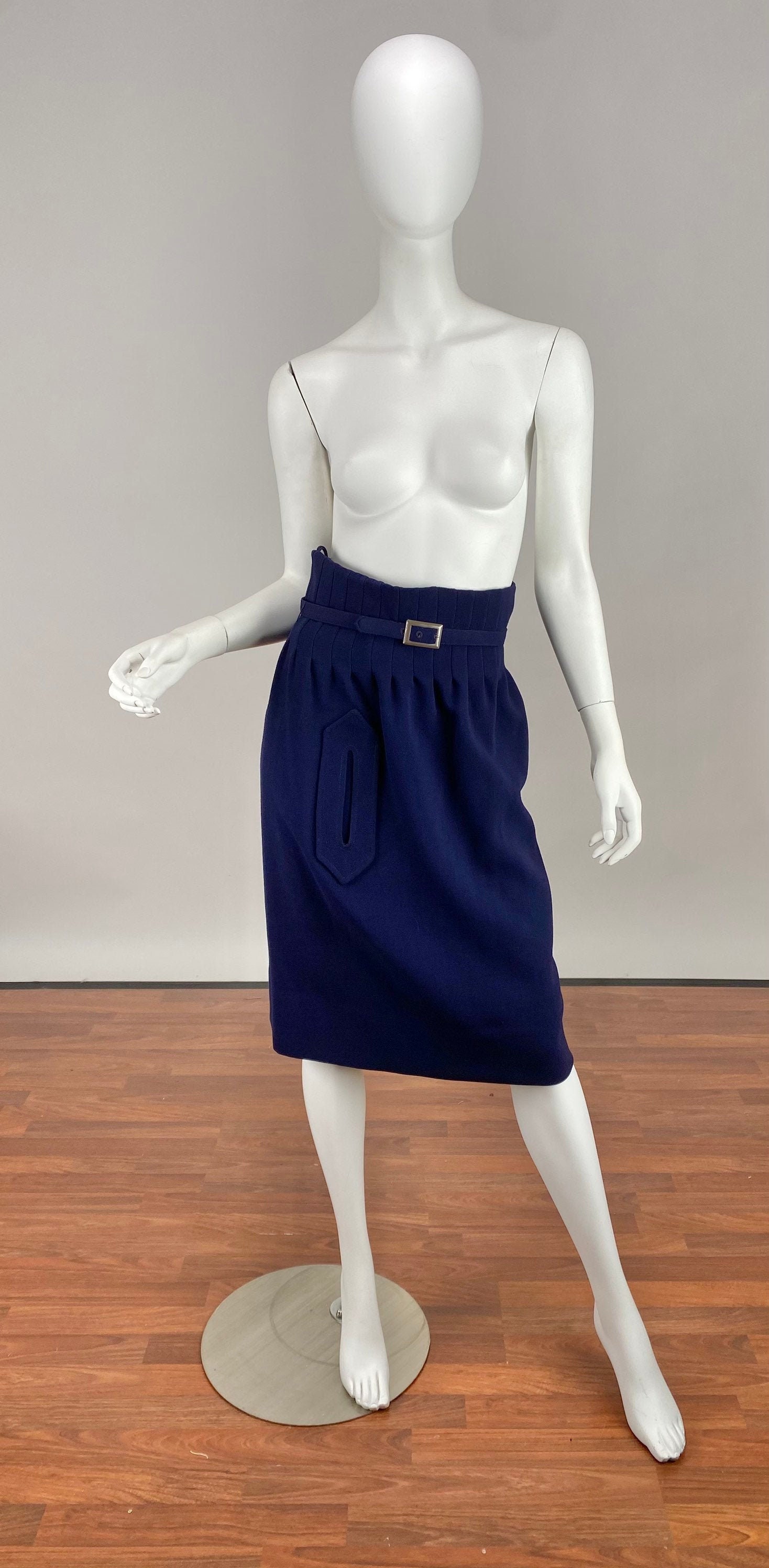Rare Vintage Pierre Cardin 1960s Navy Blue Skirt With Pleated Waist Belt and Appliqued Front False Pocket Wool and Silk Etsy