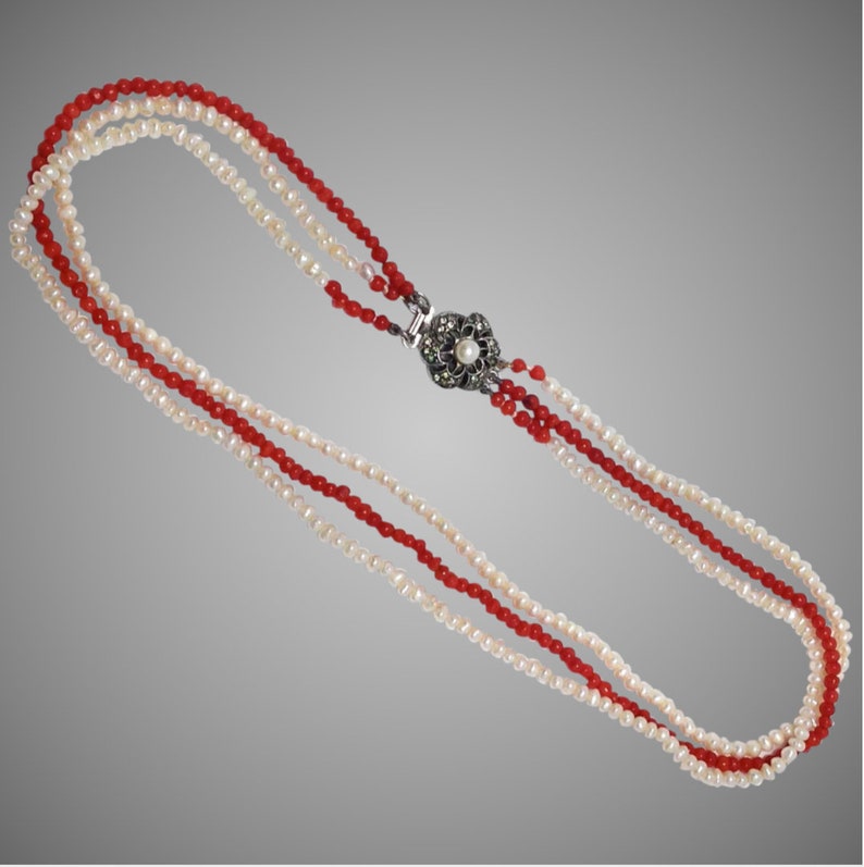 Vintage Multi Strand small pearl and red coral beaded necklace with silver Marcasite and Pearl clasp