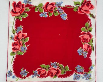 Vintage 1950s Mid-Century Rose Brunnera Florals Cotton Novelty Hankie Handkerchief Chusteczka Czerwony Biały Różowy Niebieski Wiosna Walentynki