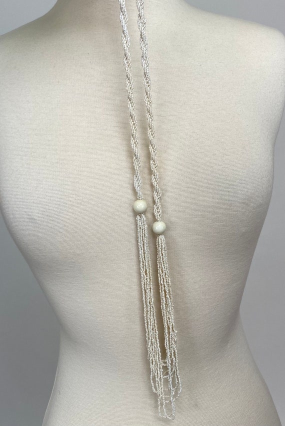 Antique 1920s Hand Micro Beaded cream white Neckl… - image 7