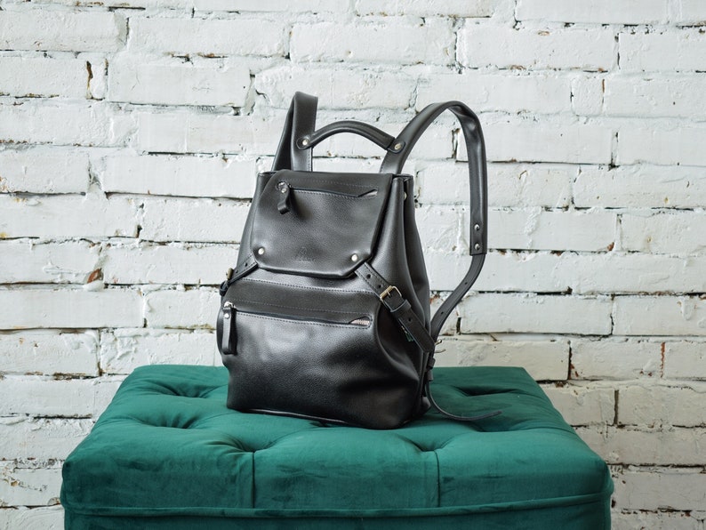 etsy black leather backpack