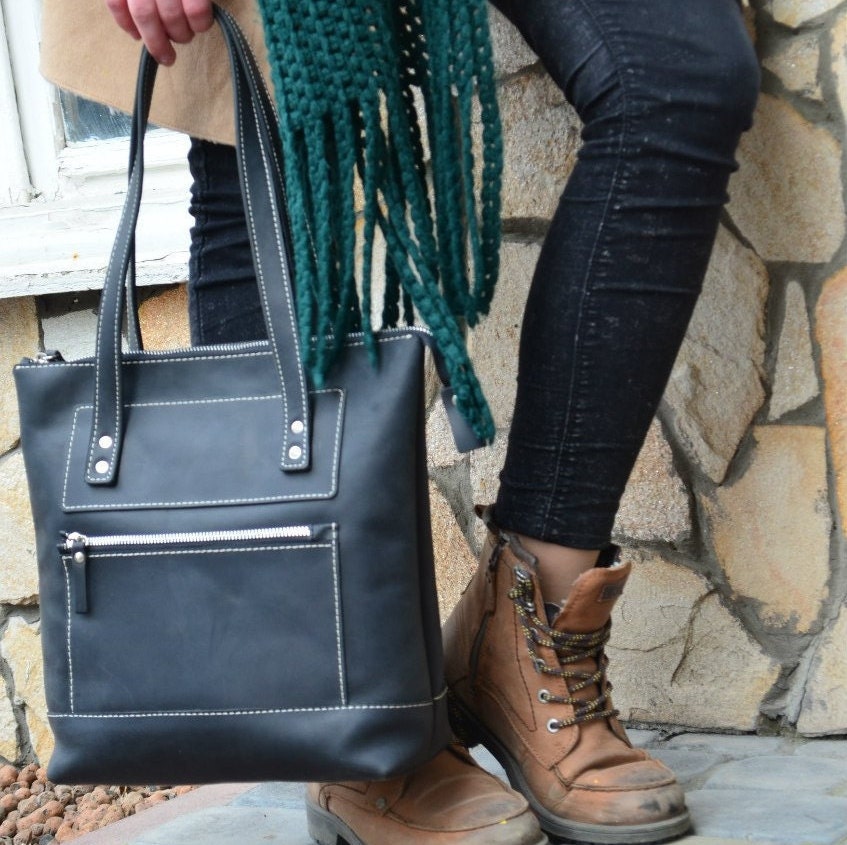 Leather Tote Bag Zipper Zipper Bag Large BlackTote Handles Etsy