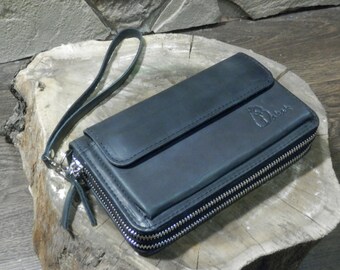 Black Leather Wrist Bag + Leather Clutch Bag + Handmade Wristlet + Cell Phone Case + Leather Wrist Bag + Travel Wallet + Leather Wristlet