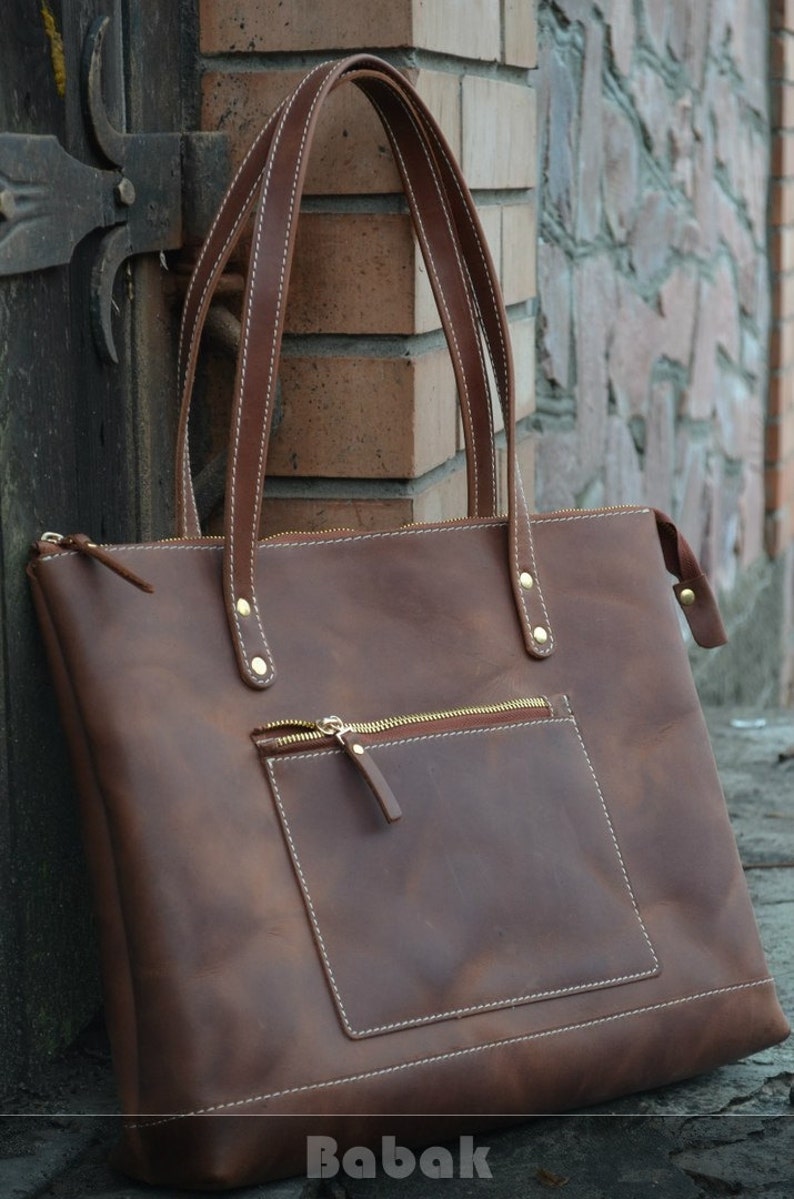 Leather tote with zipper leather tote bag leather tote Etsy