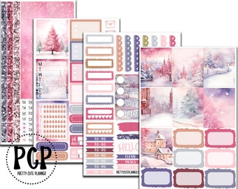 Winter in Pink Weekly Vertical Planner Sticker Kit - Planner Stickers - Weekly Planner Kit