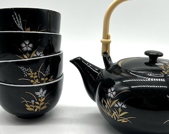 Ensemble de théière blanc or noir vintage / 4 tasses à thé motif floral / Afternoon Tea