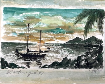 Aquarelle originale vintage par Rayjon / Navire au coucher du soleil en Martinique