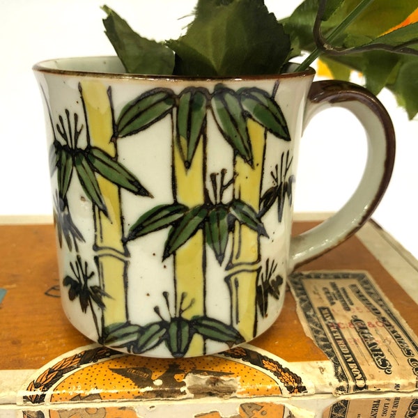 SALE! Fun Bamboo Speckled Stoneware Mug or Coffee Cup / Green Yellow