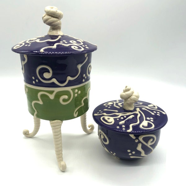 Vintage Artisan Made Ceramic Canisters / Purple White and Green / Sugar Bowl / Lidded Three Footed Canister
