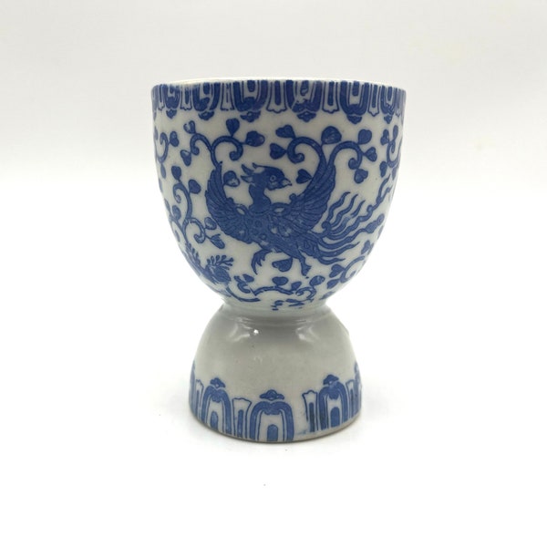 Vintage Egg Cup / Made in Japan / Looks Very Old / Phoenix Design / Blue Transfer Ware