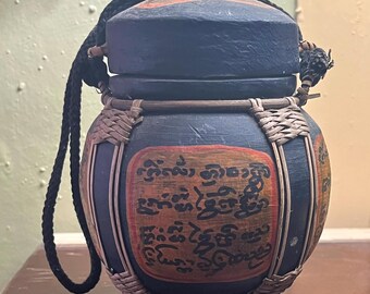 Vintage Burmese or Thai Sticky Rice Container/ Bamboo & Rattan / Kratip
