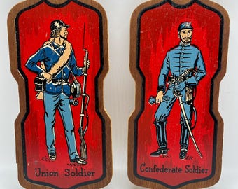 Plaques commémoratives vintage de soldats de la guerre de Sécession / Rouge et bleu