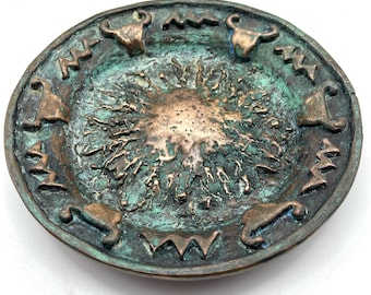 1967 Brass Brutalist Zodiac Plate / Cast at Ohio Wesleyan University / Taurus and Aquarius / OOAK
