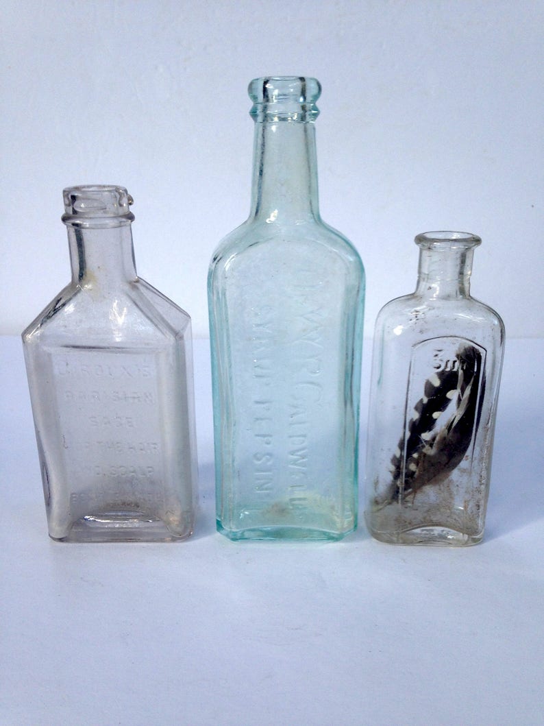 3 Antique Glass Bottles Ciroux S Parisian Sage For The Hair Scalp Bottle Wb Caldwell Syrup Pepsin Small No With Feathers