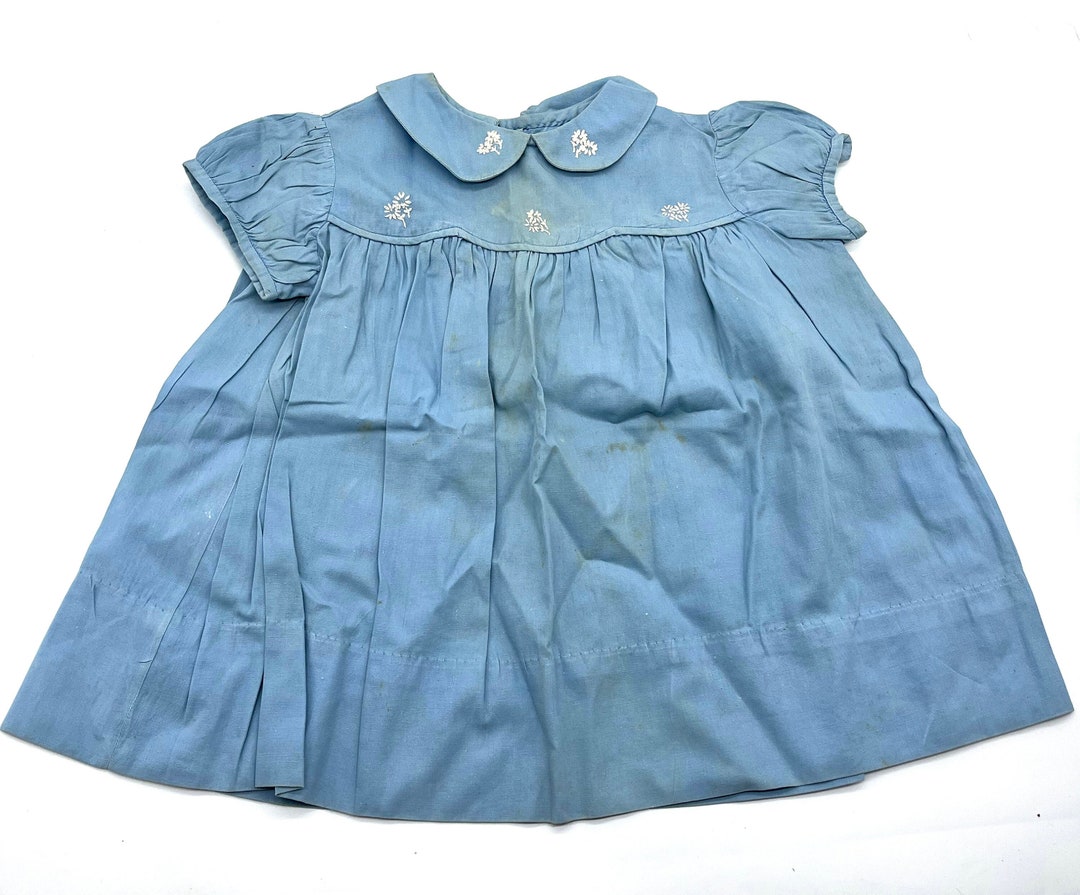 Vintage 1950's Little Girl's Dress / Sky Blue Toddler Dress / Hand Sewn