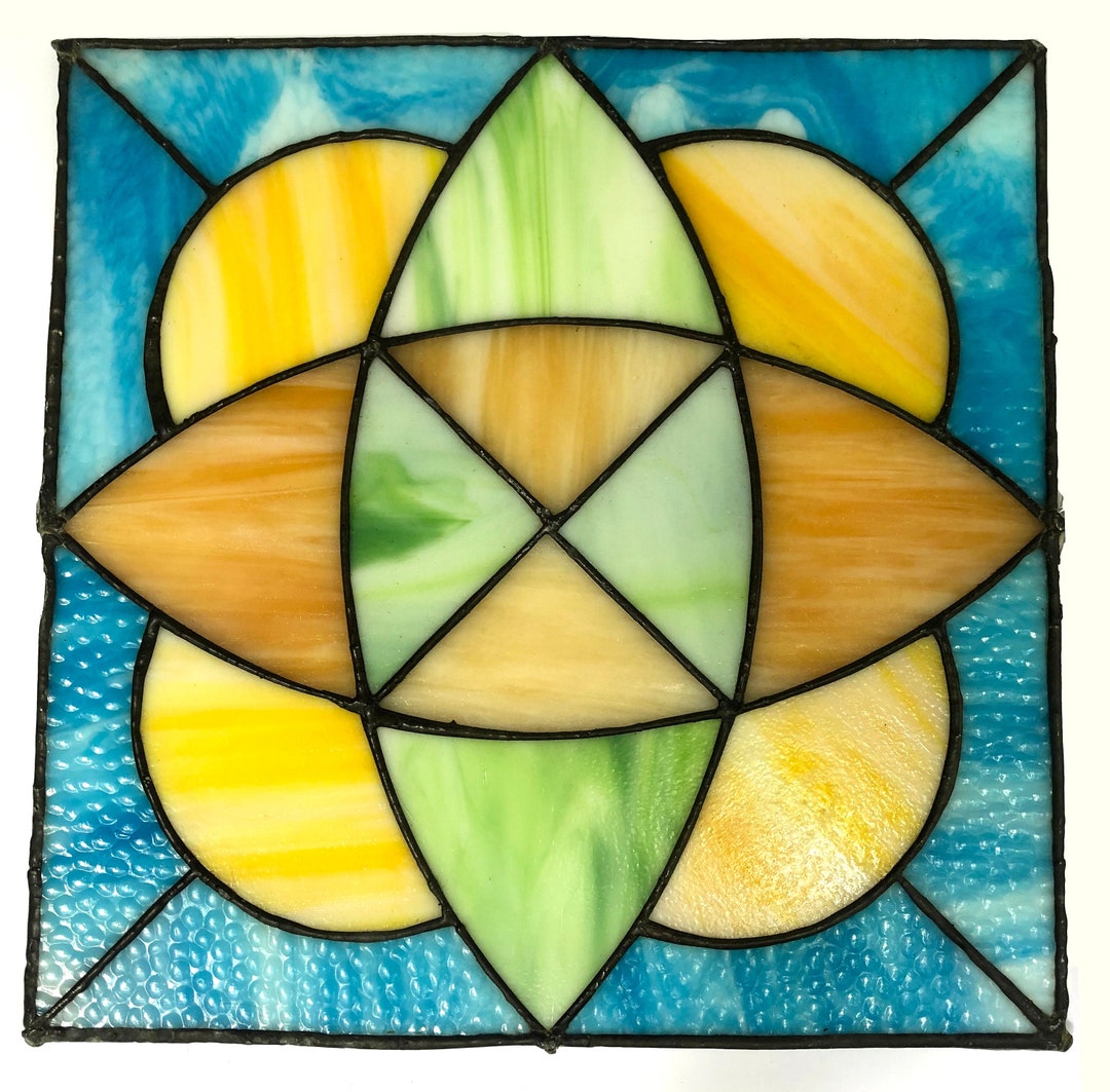 2 Vintage Square Stained Glass Pane / Yellow Blue Green Etsy