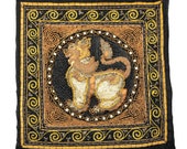 Vintage Thai Lion Tapestry Bold Geometric Swirls Metallic Threads Kalaga Burmese Tapestry