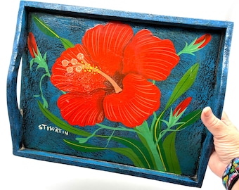 Plateau vintage en bois d'hibiscus de Saint-Martin / Article touristique / Fleur rouge vif