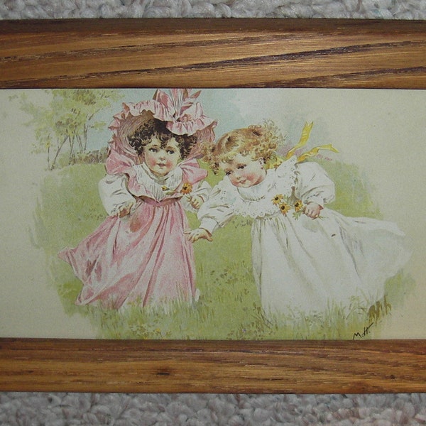 Schöne Maud Humphrey Druck von viktorianischen Mädchen mit Motorhaube Picking wilde Blumen in antiken solid Eiche Rahmen