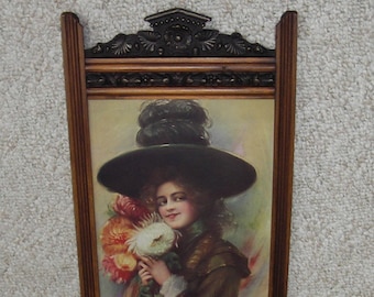 Antique Victorian Flower Art in Ornate Frame - Chrysanthemum Girl