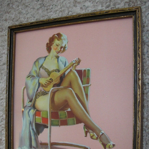 Charming Pin Up Art: Sitting Pretty by Elvgren in Vintage Art Deco Wood Frame