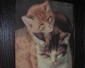 Vintage Cat Art, Cute Little Kittens, Antique Wood Frame